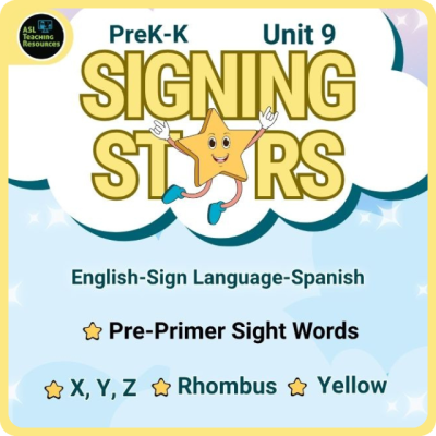 Colorful Unit 9 overview for Signing Stars PreK–K ASL curriculum with topics, icons, and trilingual text.