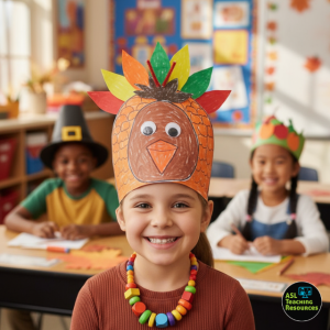 Smiling girl wearing a handmade turkey hat in a classroom with other children doing American Sign Language Thanksgiving activities.