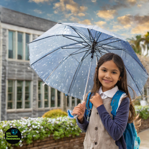 Child holding an umbrella in rainy weather to support an introduction to weather and climate using ASL