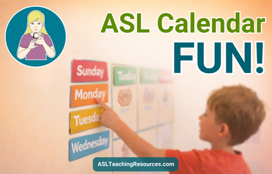 Young child pointing to Monday on a colorful classroom calendar used for ASL learning.