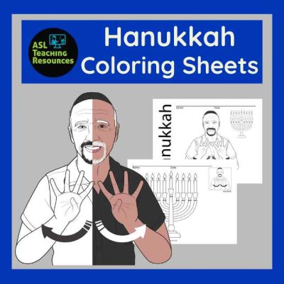 Man signing “Hanukkah” in ASL with coloring pages in the background, featuring a menorah and ASL signs.