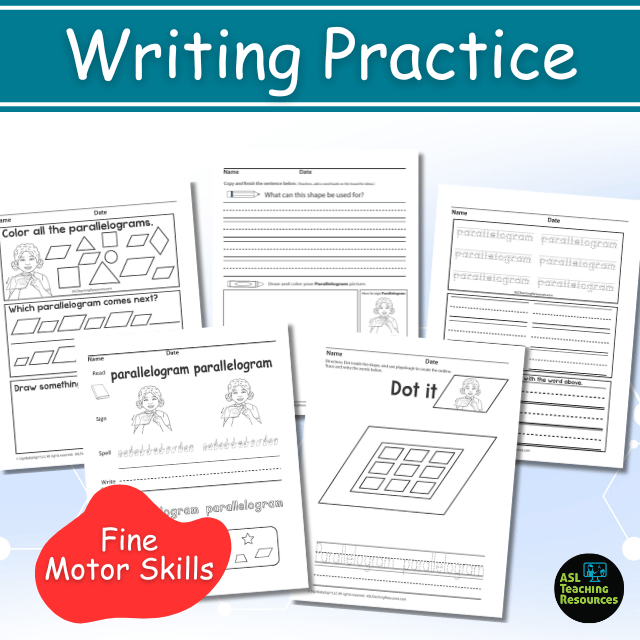 ASL parallelogram printables for writing practice with tracing, dot markers, and fine motor skill activities.