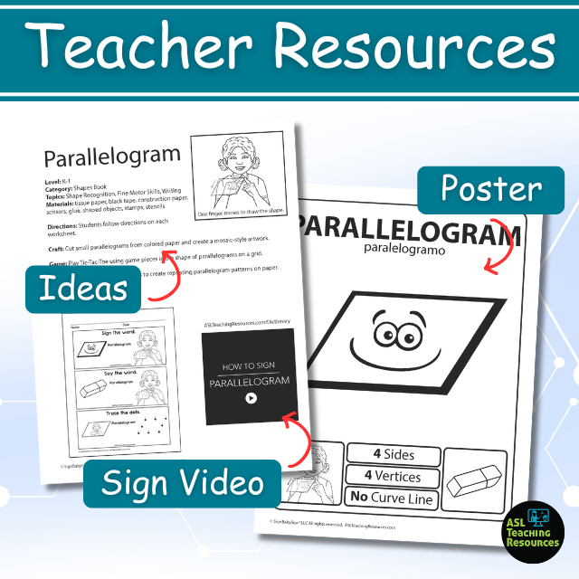 Parallelogram ASL lesson plan for teachers with poster, sign video link, and printable teaching ideas.