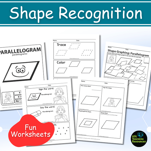 Printable ASL worksheets for parallelogram shape recognition including tracing, coloring, and sign language practice.