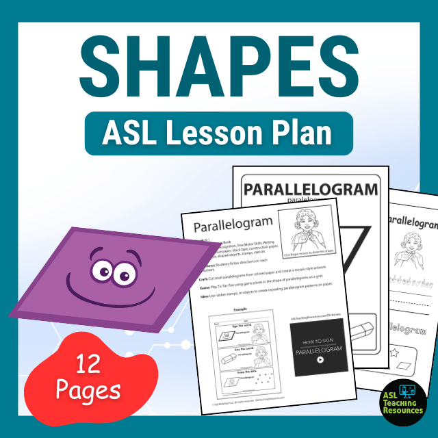 Purple parallelogram cartoon and ASL worksheets teaching parallelograms for PreK and special education students.