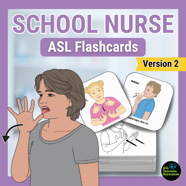 School nurse sign language flashcards showing children signing health vocabulary with color and black-and-white cards in a classroom-style cover image.