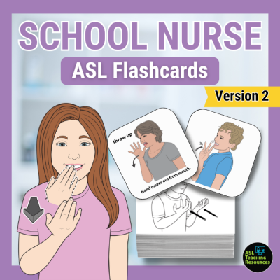 School nurse sign language flashcards showing children signing health vocabulary with color and black-and-white cards in a classroom-style cover image.