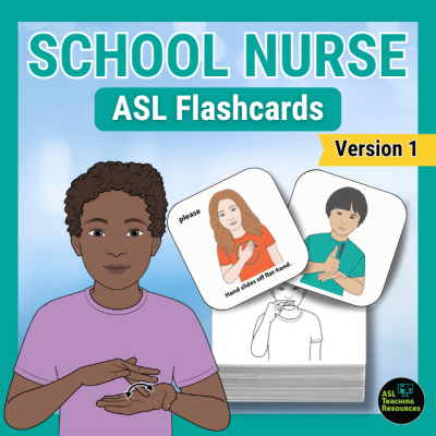 Child demonstrating ASL sign for medicine on school nurse vocabulary flashcards with color and black‑and‑white options.