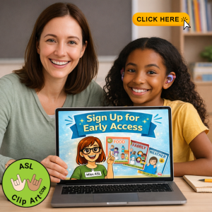 Teacher and young girl with hearing aids smiling beside a laptop showing ASL Clip Art early access sign-up