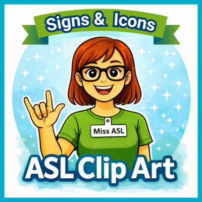 ASL clip art teacher with glasses signing I love you handshape, signs and icons theme for classroom resources. ASL clipart products to shop.