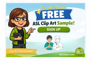 Teacher and young girl with hearing aids smiling beside a laptop showing ASL Clip Art early access sign-up