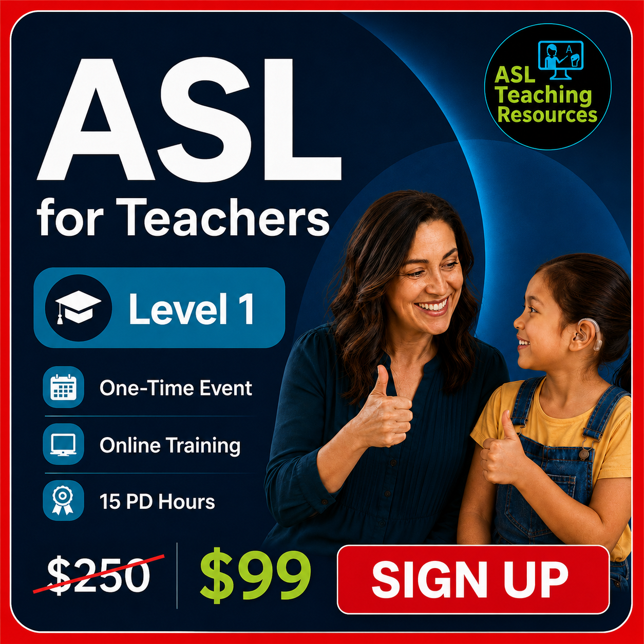 ASL for Teachers is a 5-week online course designed for busy teachers, SLPs, homeschool families, paraprofessionals, and anyone who wants to confidently communicate using American Sign Language.