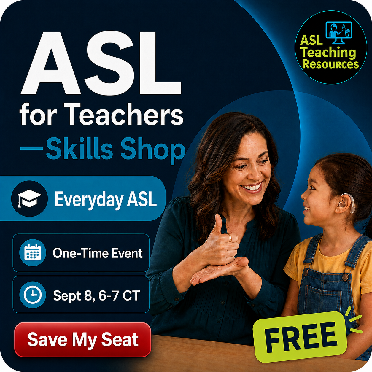 Teacher and young girl with hearing aids smiling beside a laptop showing ASL Clip Art early access sign-up