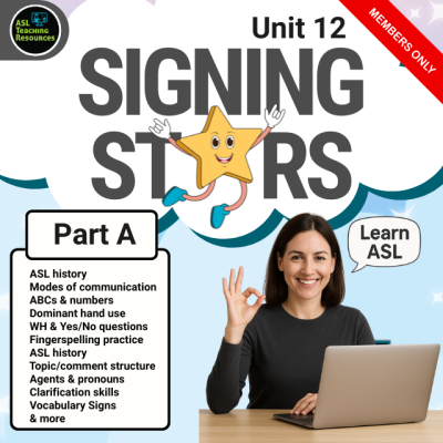 Teacher sitting at a laptop signing OK with the Signing Stars Unit 12 Part A graphic showing ASL beginner topics for members only