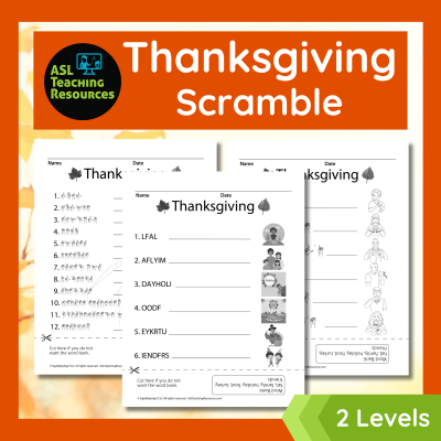 printable ASL Thanksgiving Scramble gives students a fun way to practice 12 Thanksgiving and fall vocabulary words.