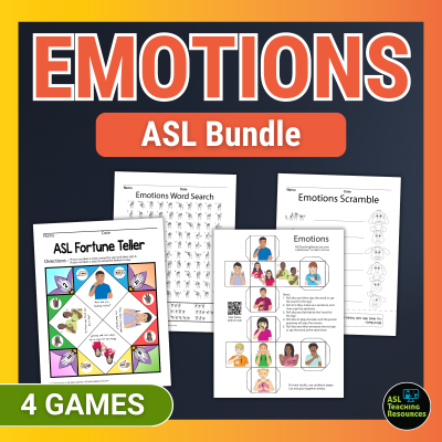 Emotions games bundle with four printable ASL activities for learning feelings and sign language