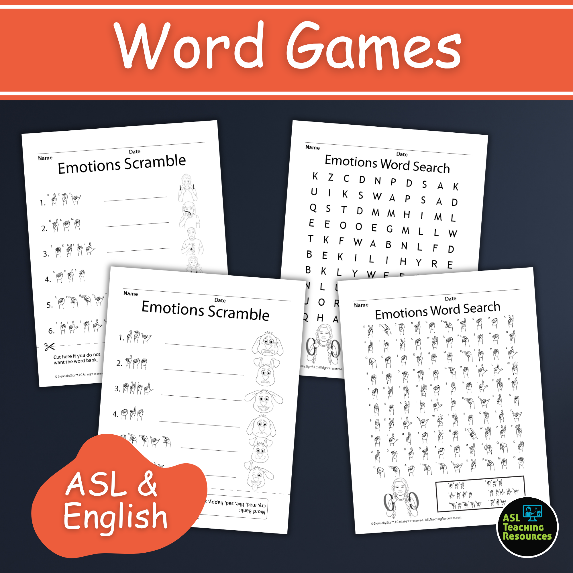 Emotions printable games with ASL and English word search and scramble activities for learning feelings