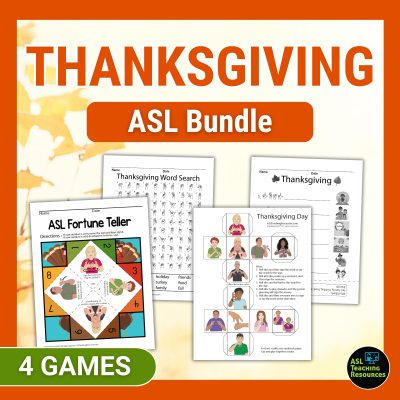 Thanksgiving game bundle 4 interactive ASL holiday themed games. Dice, Fortune Teller, Scramble, and Word Search