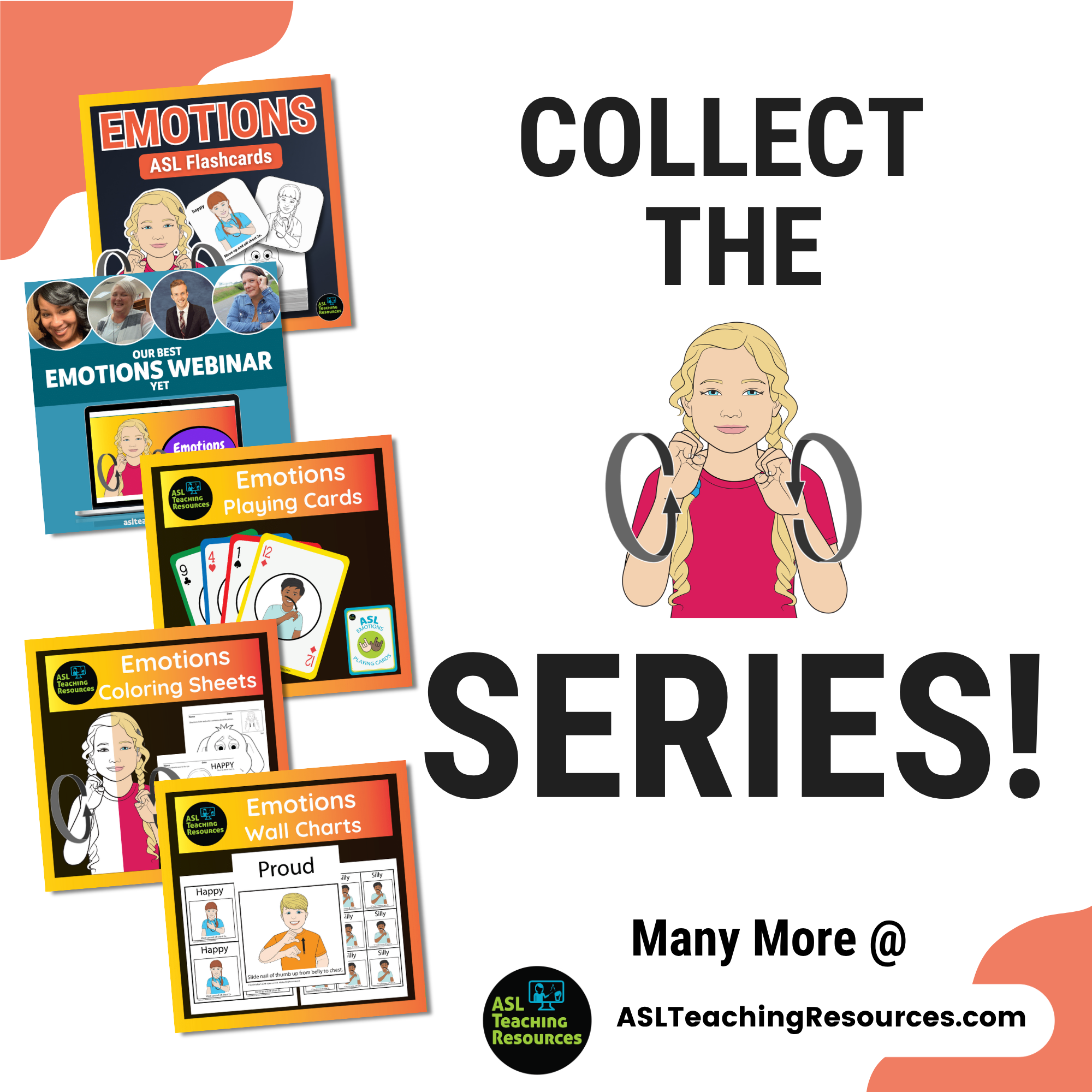 Emotions ASL series with flashcards, playing cards, coloring sheets, wall charts, and sign language activities