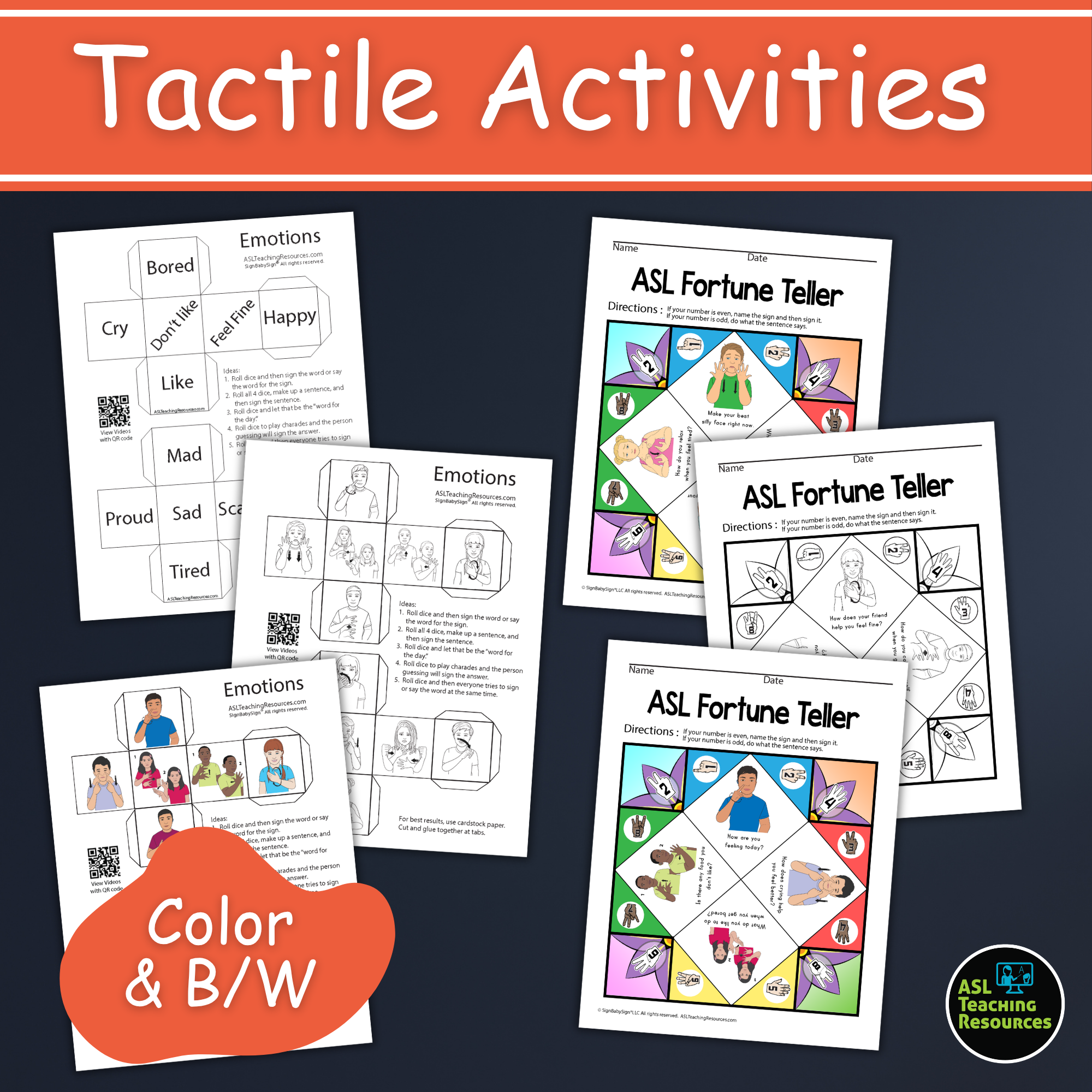 Emotions interactive games with ASL dice and fortune teller activities in color and black and white