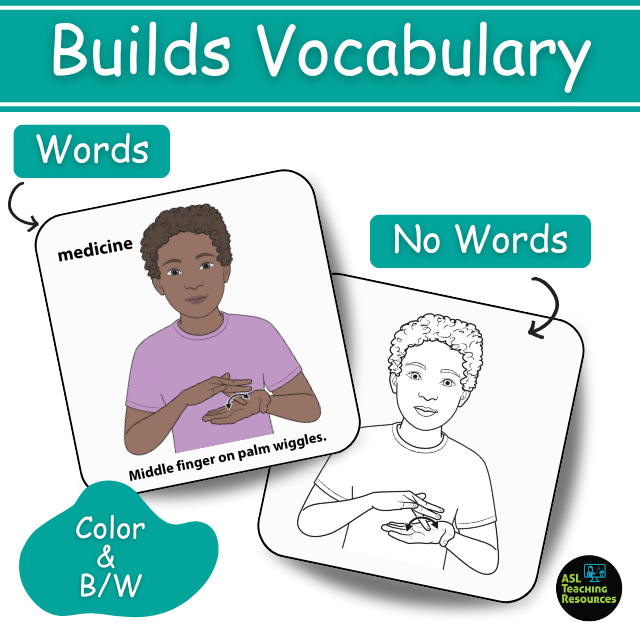 ASL school nurse flashcards showing child signing medicine with worded and no-word color and black-and-white options.