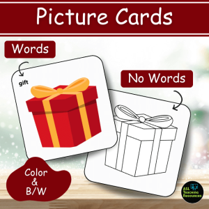 Christmas Flashcards (part 1) picture cards includes colored and black-and-whites sets. Each set comes with and without English hints.