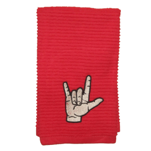 "I love you" ASL hand towel. Red Cotton