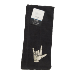 Embroidered "I love you" ASL hand towel. Black Cotton