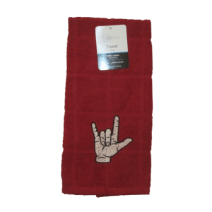 Sign Language I love you embroidered hand towel, maroon-cotton.