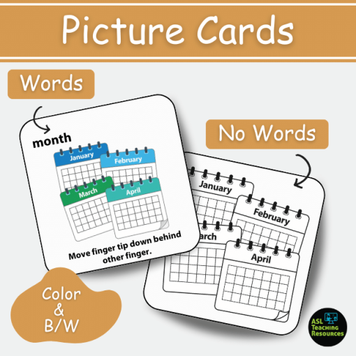 Calendar flashcards include icons in color and black & white with and without words.