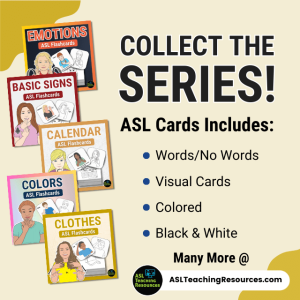 Sign Language Flashcards - colledt the series. Each flash card set include word and no words, visual cards, colored and black-and-white versions.