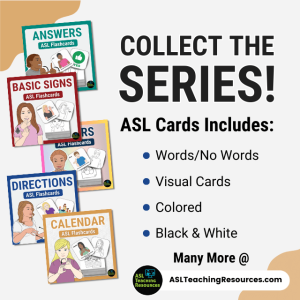 printable calendar flashcards is part of our ASL Flashcards series. collect them all. image shows 5 different flashcard set and give what you can expect with these flashcards series. ASL cards include words/no words, visual cards, colored and black and white versions.