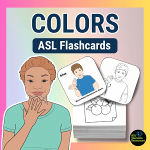 colors asl flashcards features a lady signing color and images from a deck of flashcards
