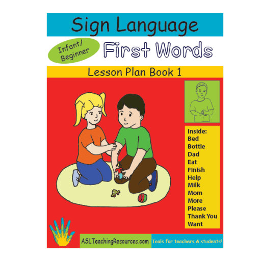 ASL for Children - Infant shows a picture of boy and girl playing together on a carpet.