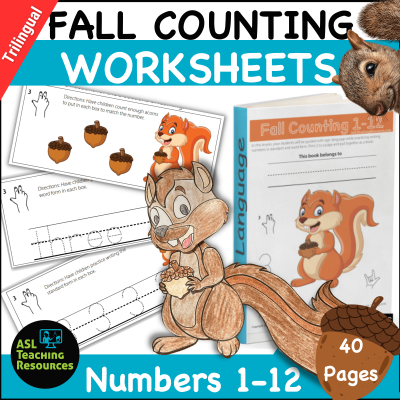 trilingual fall counting worksheets numbers 1-12. 40 pages. image show squirrel craft, worksheets, and book cover