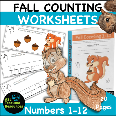 Fall Counting Worksheets Numbers 1-12. Imge shows 3 cards - a counting mat, trace word and trace number. Book image of the fall counting packet. and a squirral craft.