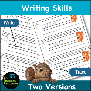 Writing skills builder includes two versions. Write and trace the numerals and English word for numbers 1-12.