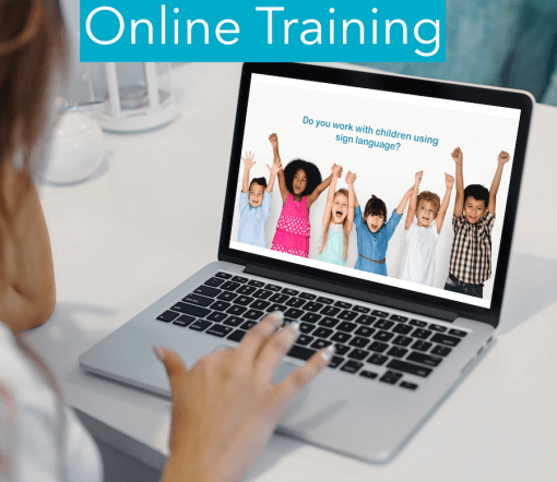 text online training woman at laptop with children on screen