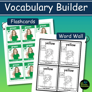 Vocabulary builders. Colors flashcards and mini-posters for the colors sign language wall charts.