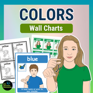 Colors Wall Charts with Sign Language. Image shows a girl signing green in a green t-shirt next to three versions of colors charts, full size poster, mini-posters (word wall cards), and color flashcards. In color and black-and-white versions.