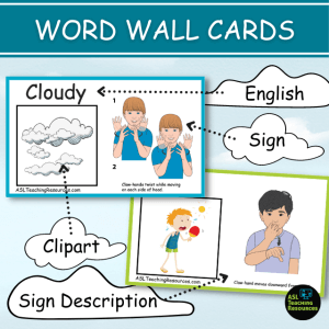 weather word wall cards feature weather vocabulary in English, Sign Language, and illustrations.