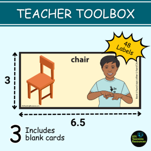 CLassroom Labels for teacher toolbox. Sign Language and picture labels for classroom items. 48 cards plus 3 blank cards. all cards measure 3 x 6.5