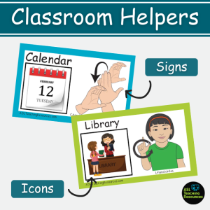 classroom helpers is title on image. image shows to job cards pointing out that each card shows icon and sign.