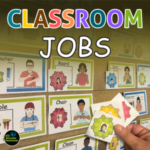 classroom jobs with sign language. background shows classroom jobs on board with hand adding name tags to each job.