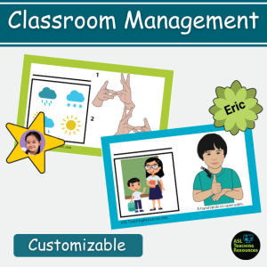 Classroom Management is the title of this image. image feature two cards and two name tags. small bubble at bottom states cards are customizable