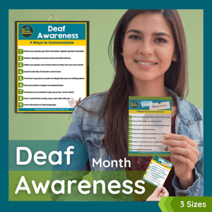 woman holding deaf awareness tips