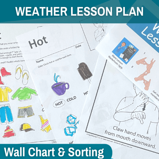 hot weather lesson worksheets. Text reads weather lesson plan. text at bottom wall charts and sorting.