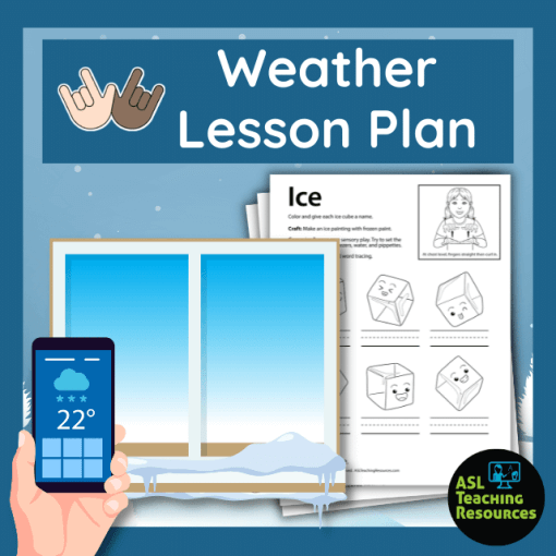 Text reads weather lesson plan. Image of a window covered in ice and a cell phone showing icy weather temperature next to ice worksheets for elementary students.