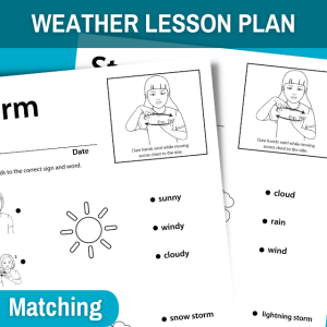 image shows two storm weather vocabulary matching worksheets. Blue banner at top says weather lesson plan. a small blue bubble at the bottom of the image says matching