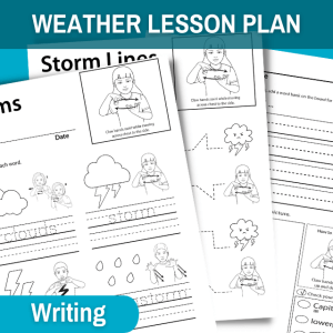 image feature three storm weather worksheets. blue banner at top of image reads weather lesson plan. small blue bubble at bottom right of image says writing